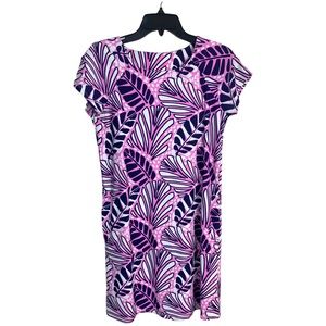 All For Color UPF 50‎ Navy Pink White palm print cap sleeve dress w pockets sz S